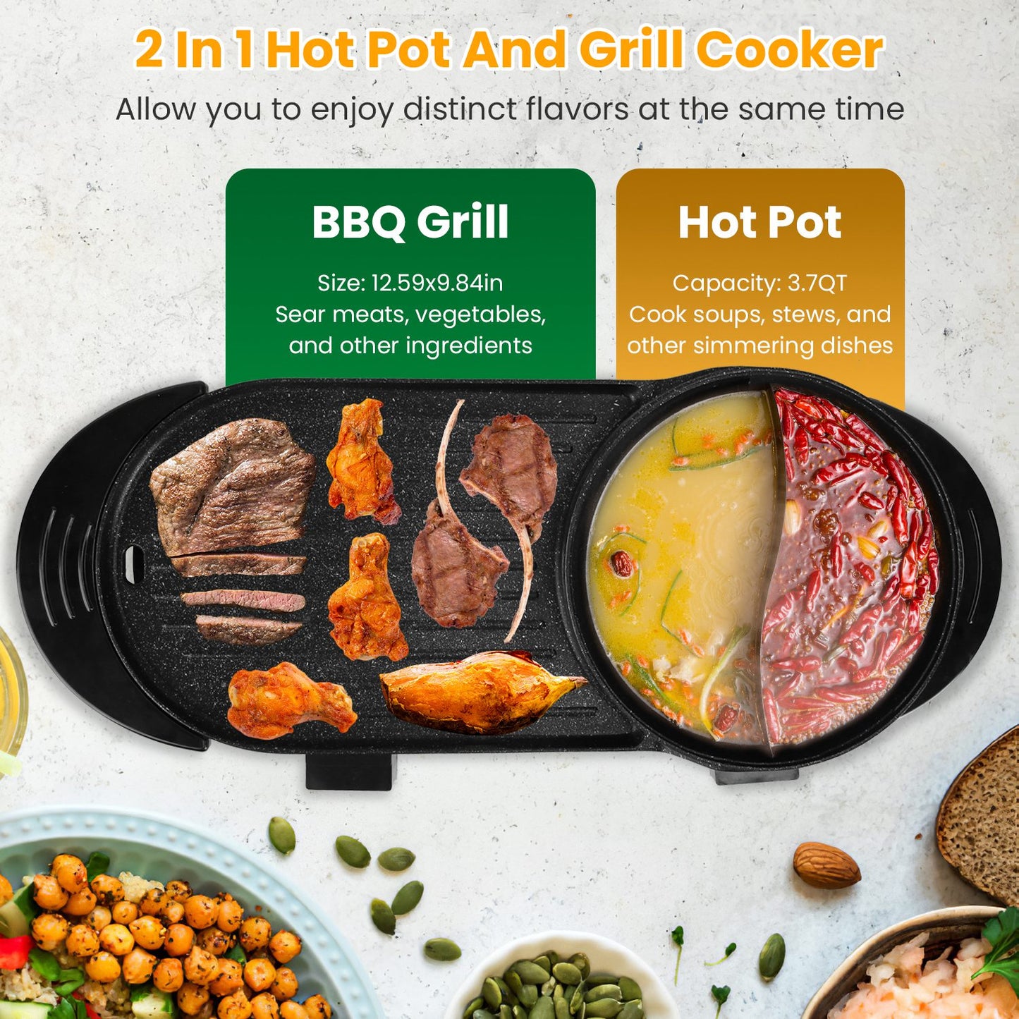 Electric Hot Pot with BBQ Grill 2-in-1 Cooker 2200W