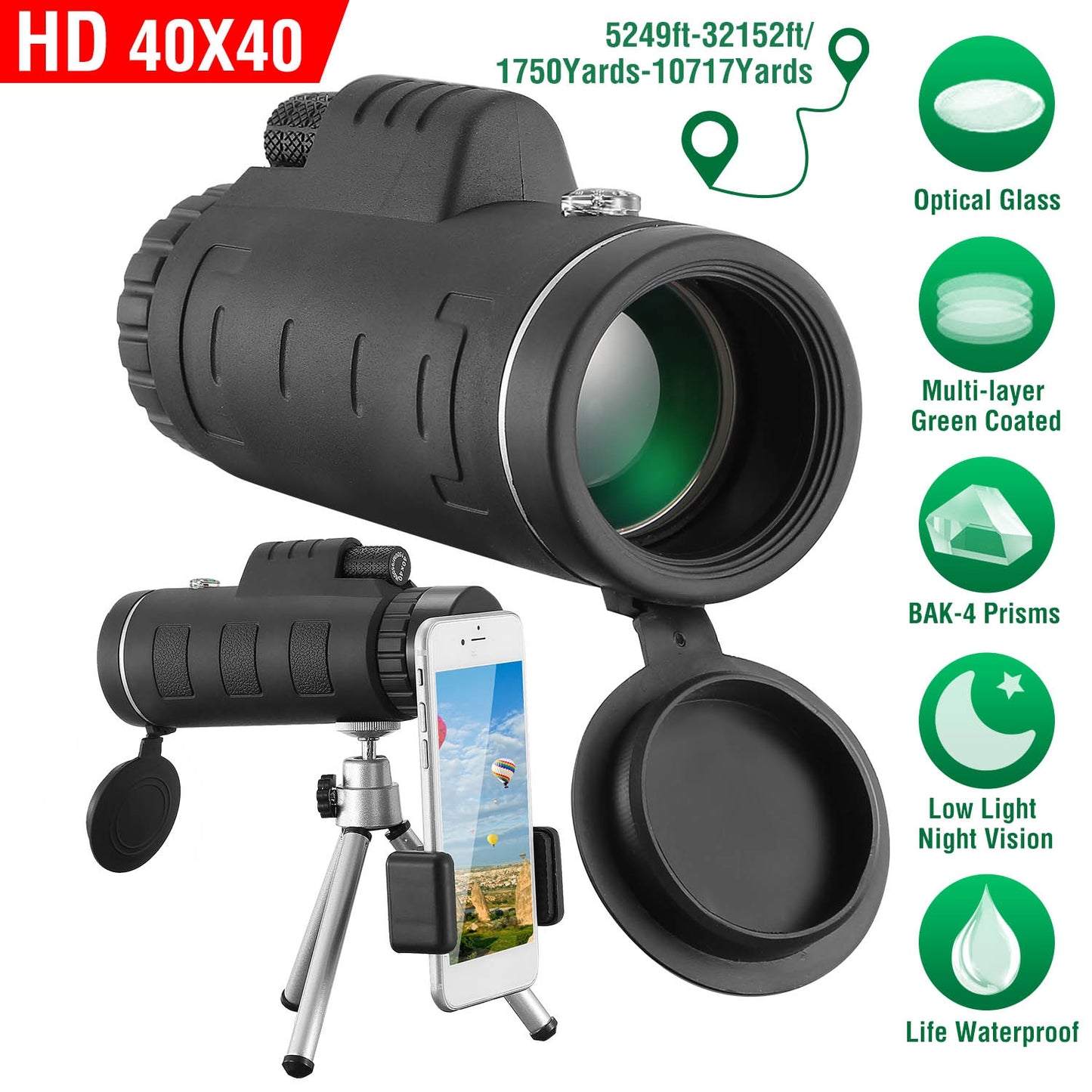 40x40 Monocular Telescope with Phone Adapter and Tripod
