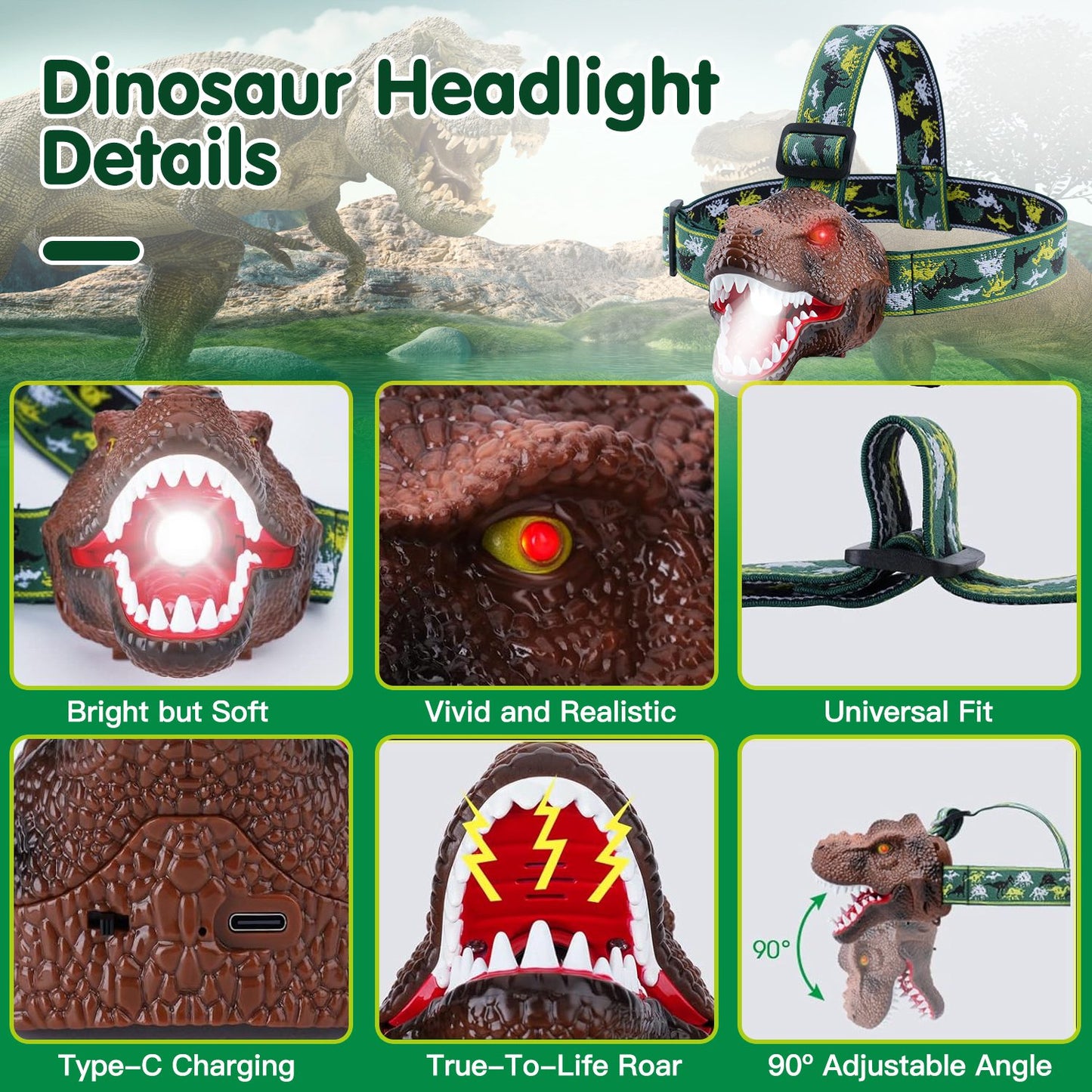 Dinosaur Headlamp for Kids with Realistic Roar Sound