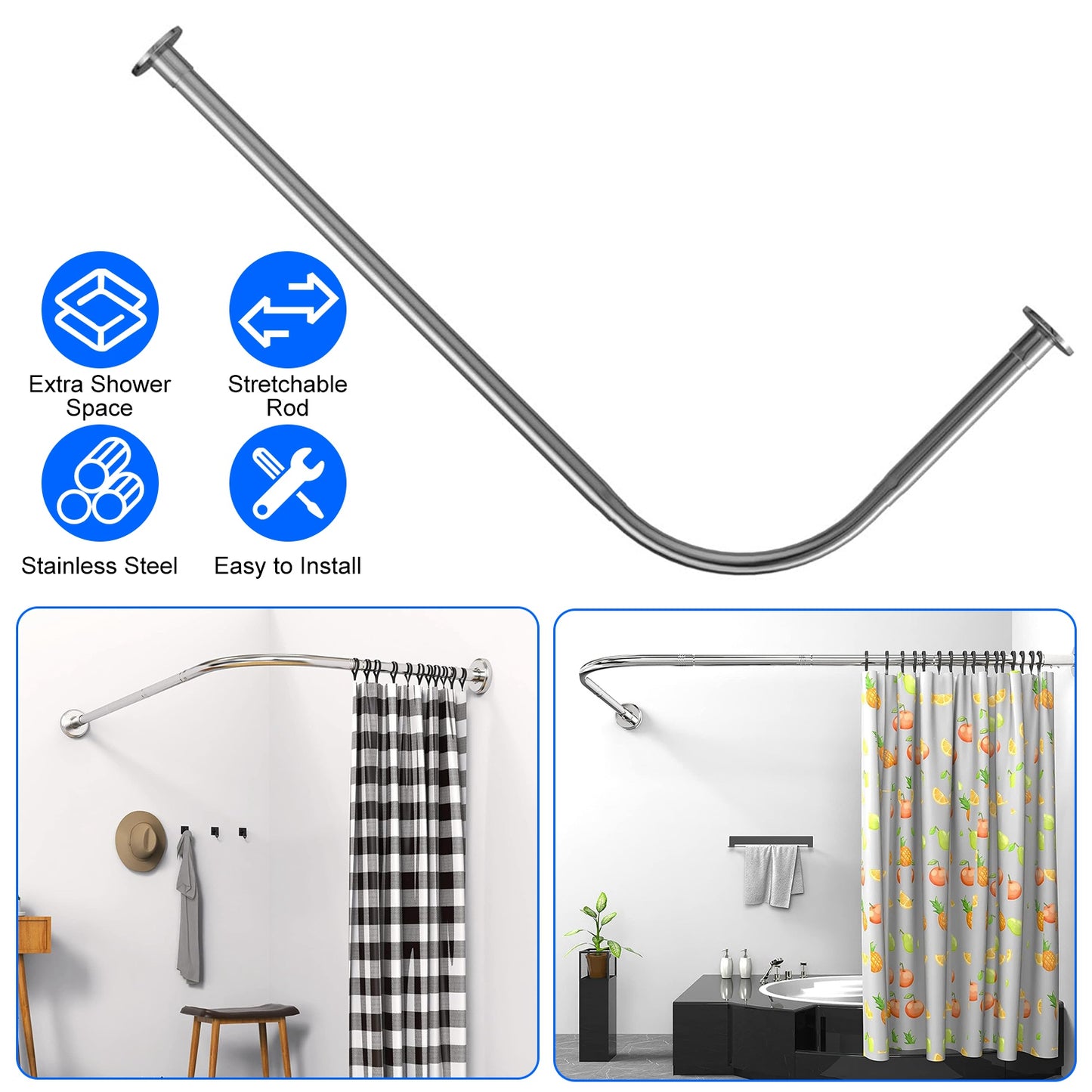 L-Shaped Curved Shower Curtain Rod - Stainless Steel