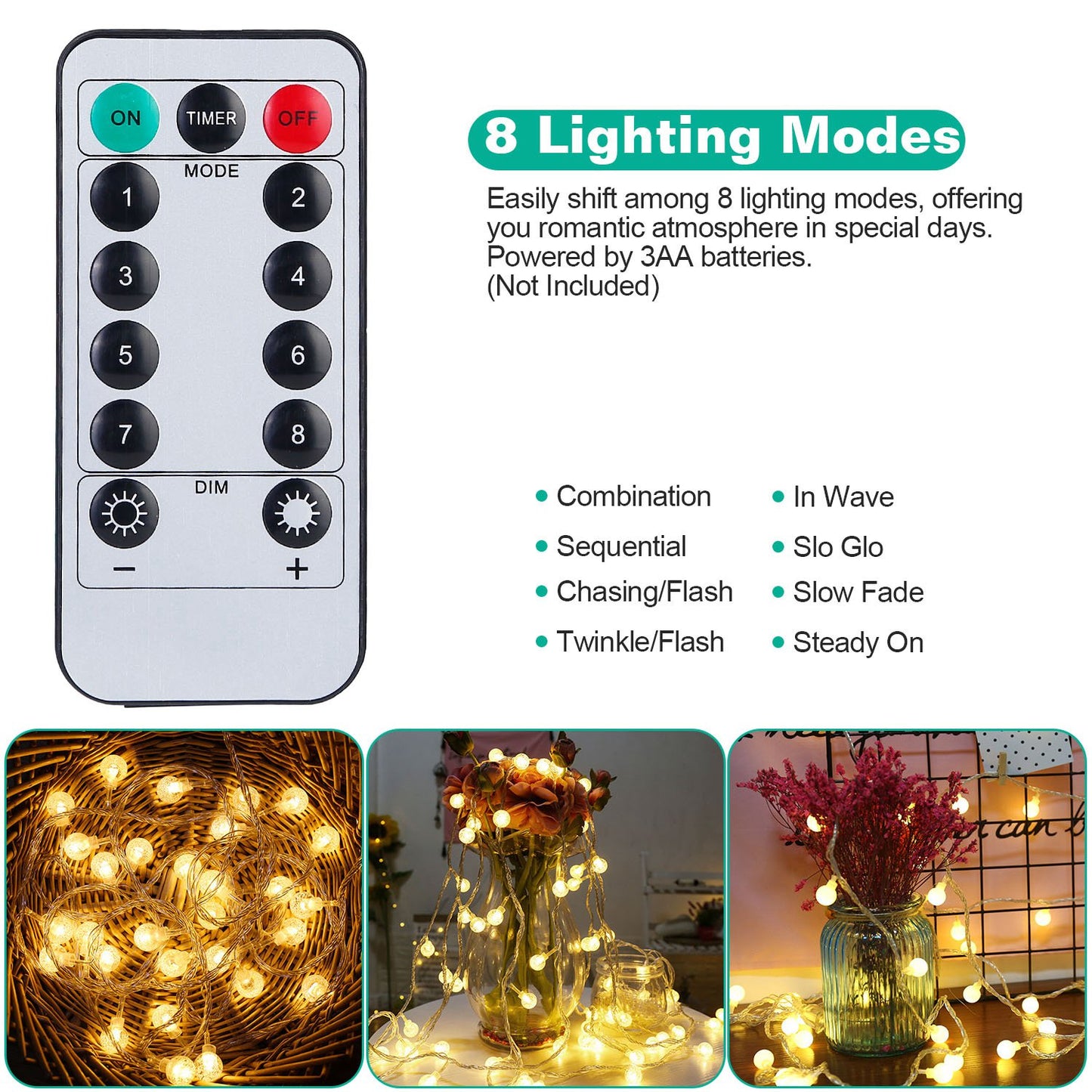 Globe String Lights 32.8ft Battery Powered with Remote Control