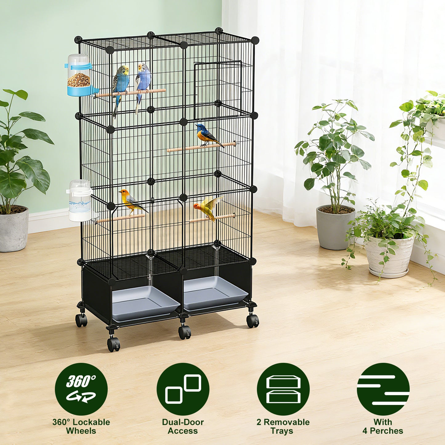 46in Bird Cage with Wooden Perches and Lockable Wheels
