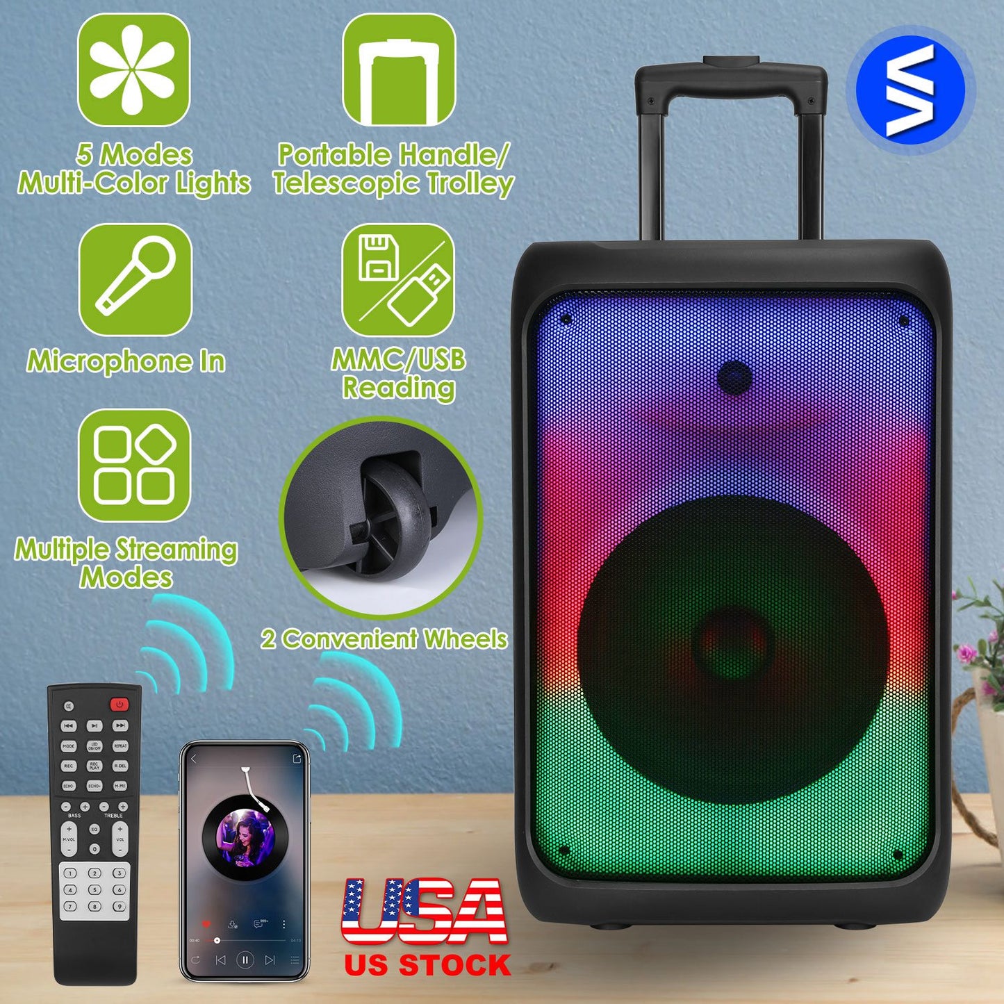 Portable Bluetooth Party Speaker with RGB Lights & Microphone