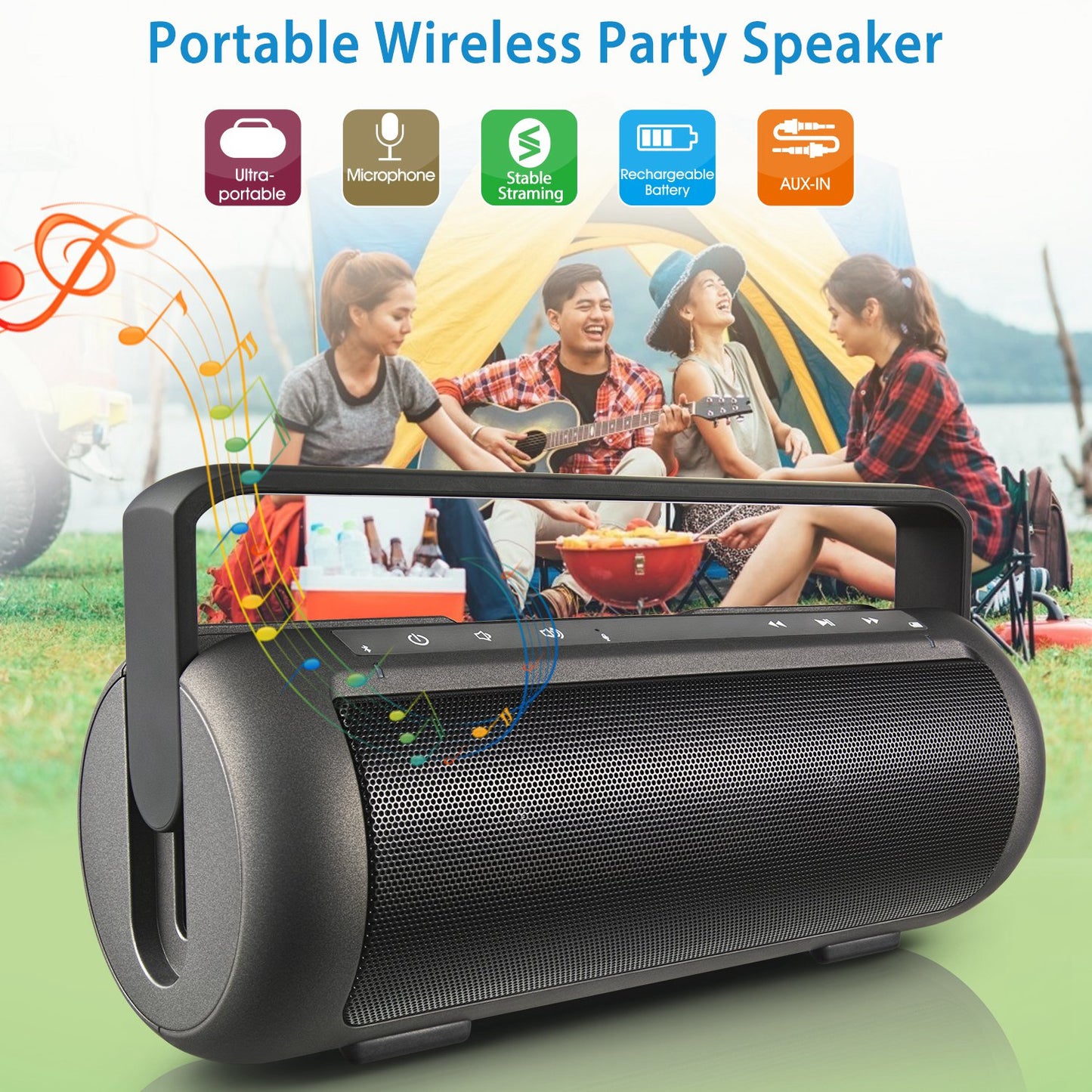 Portable Wireless Speaker with Dual Subwoofer & Microphone