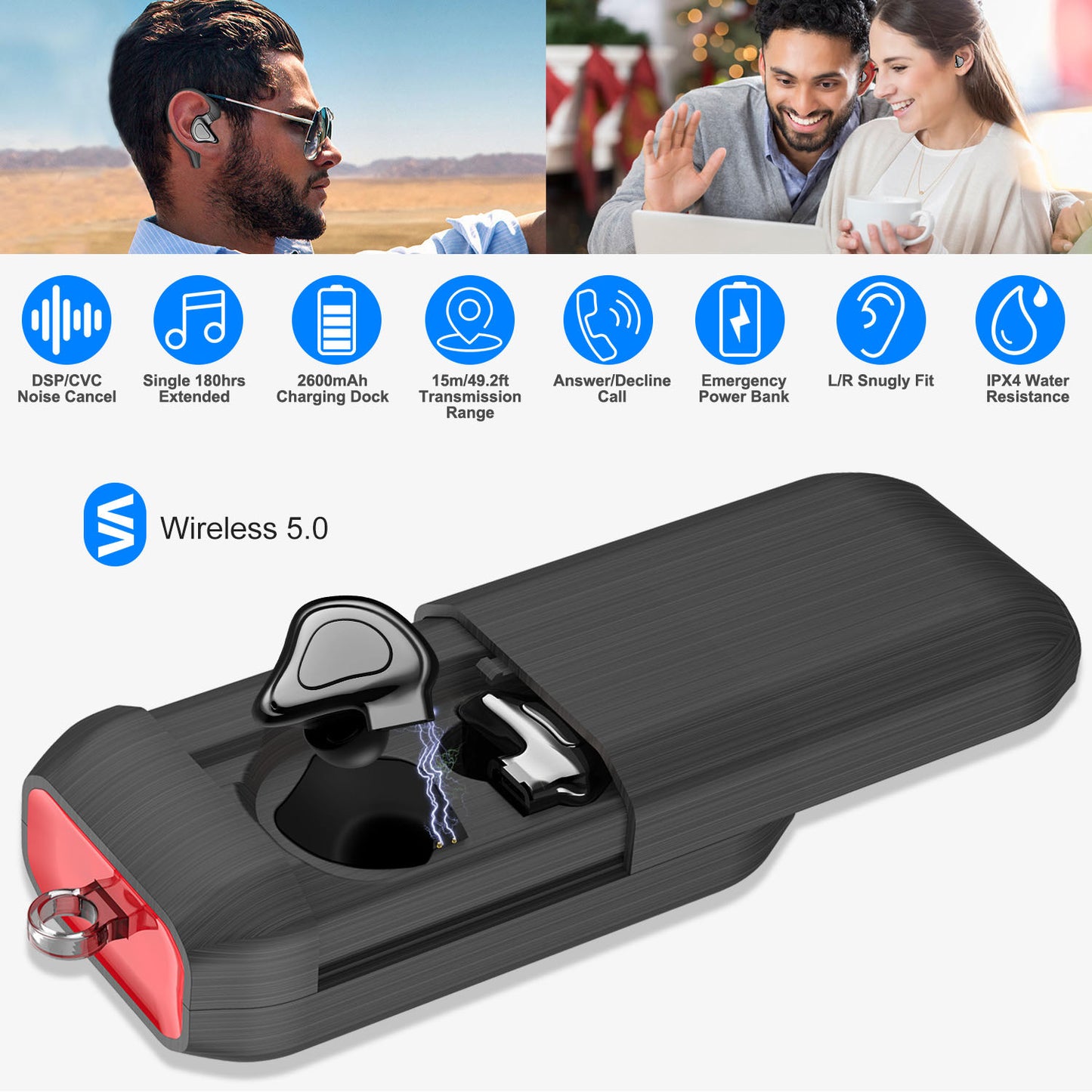 True Wireless Earbuds with Charging Dock and IPX4 Waterproof