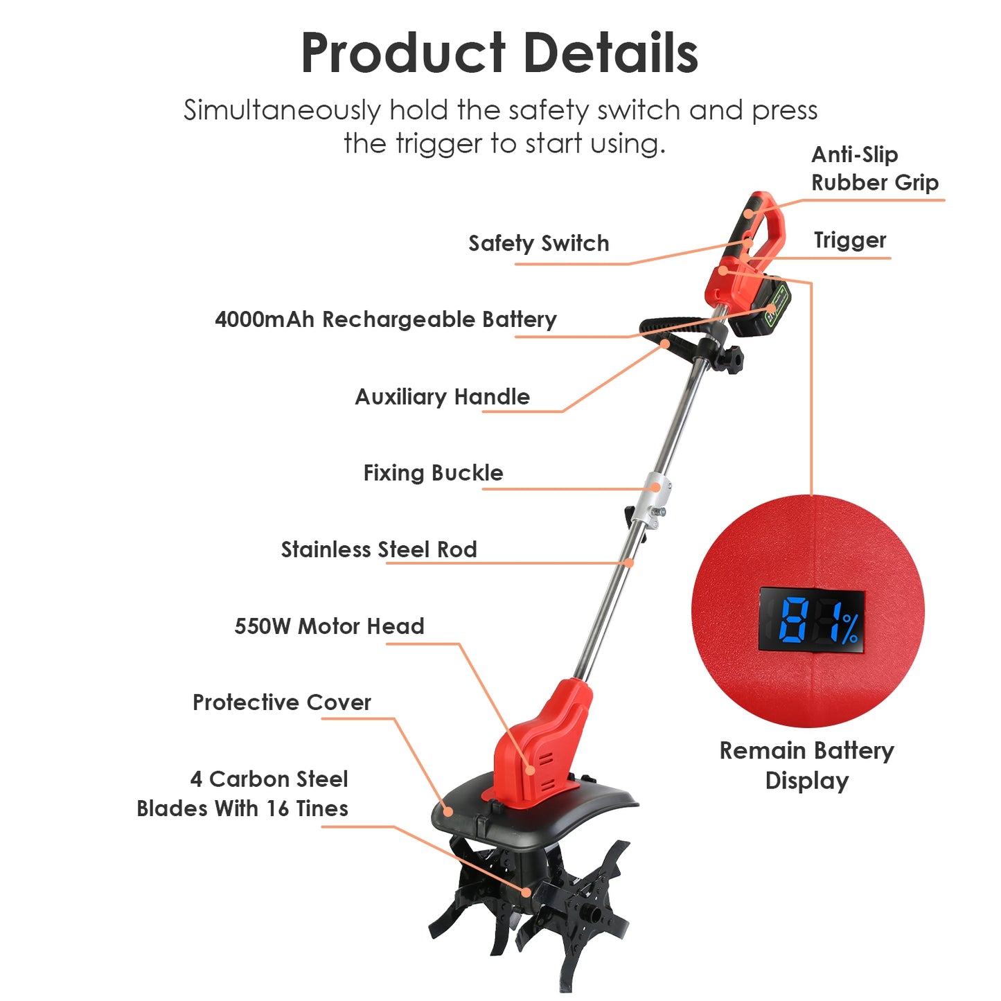 21V Cordless Electric Tiller Cultivator with 4 Blades