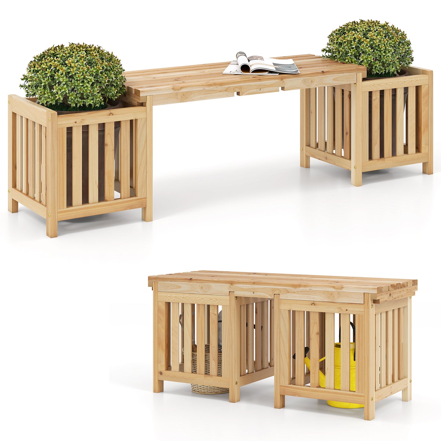 Wooden Bench with Planter Boxes - 2 Person Outdoor Seating