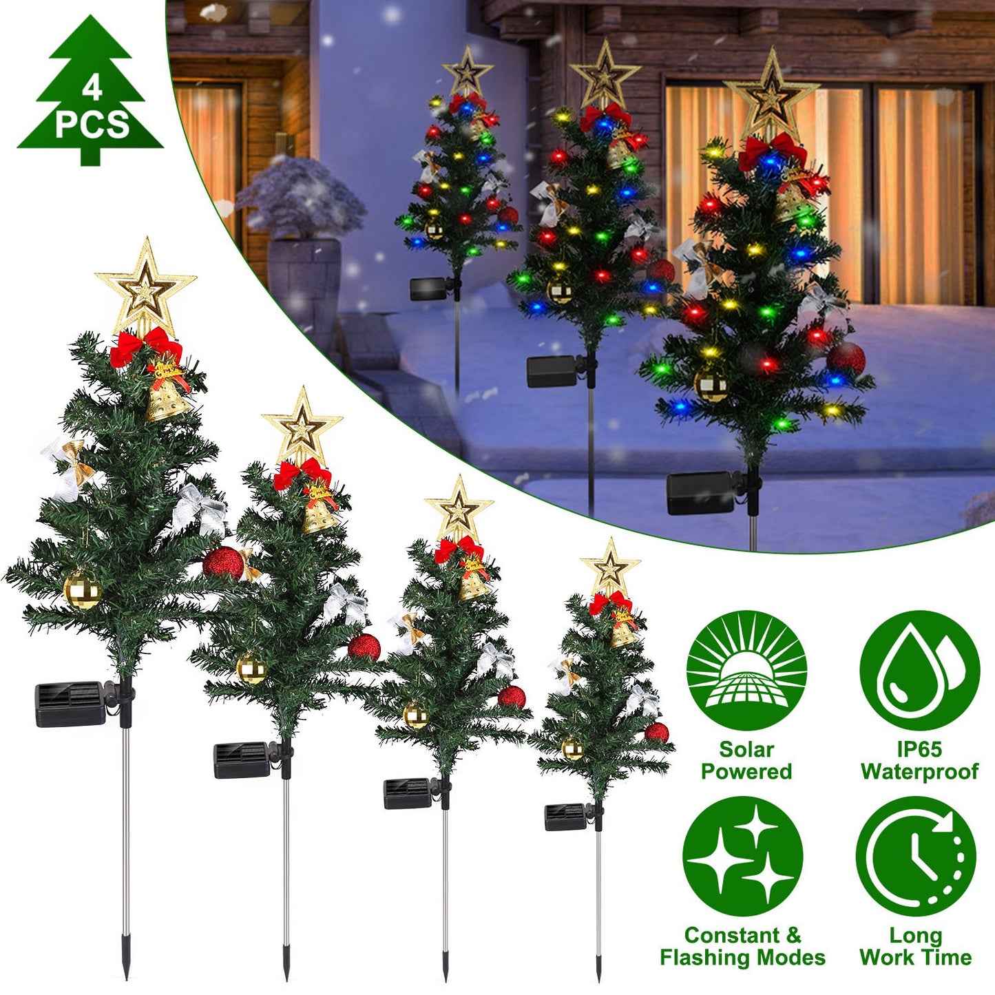 Solar Christmas Tree Lights 4-Pack with Ornaments & Stakes