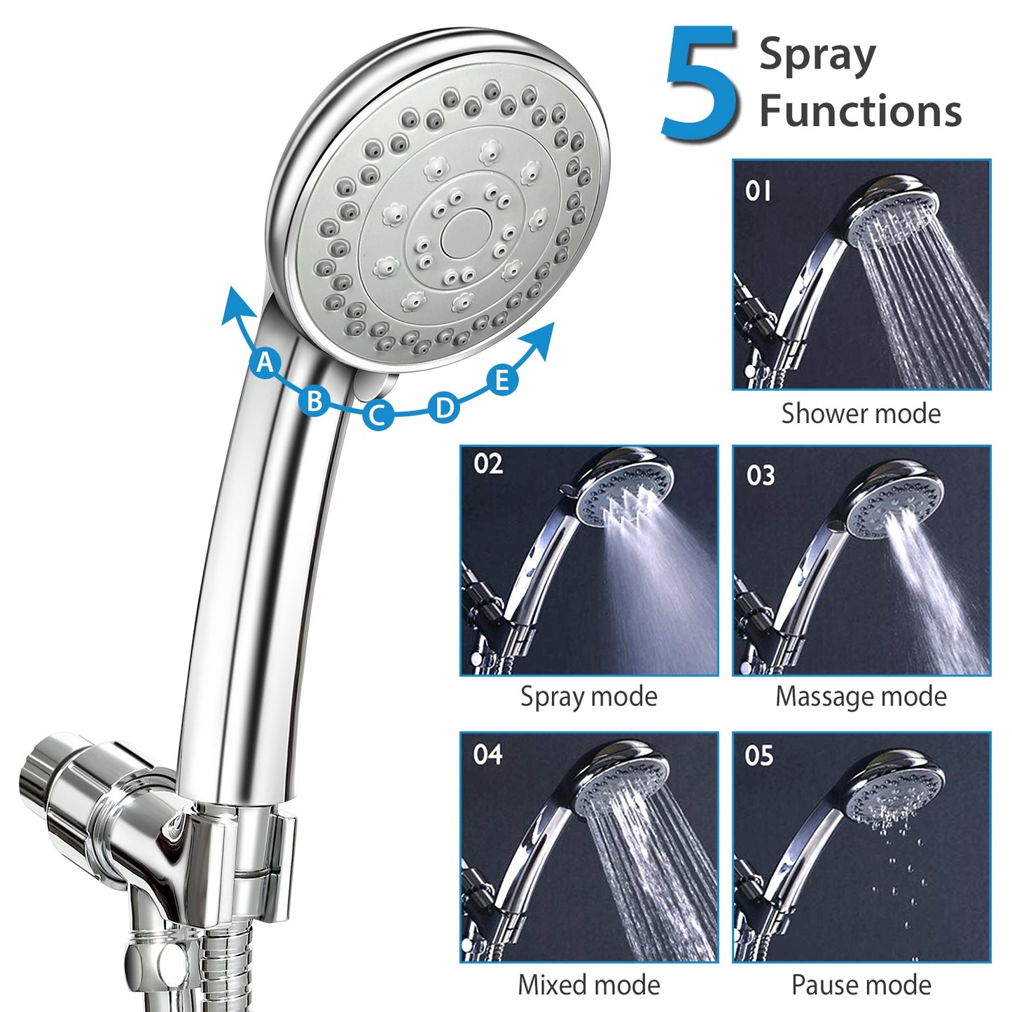 Handheld Shower Head with 5 Spray Settings & Steel Hose