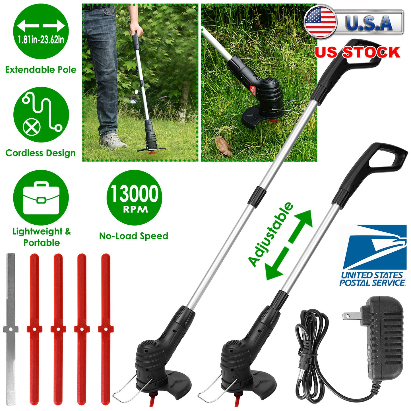 Cordless Grass Trimmer with Extendable Pole & 5 Blades