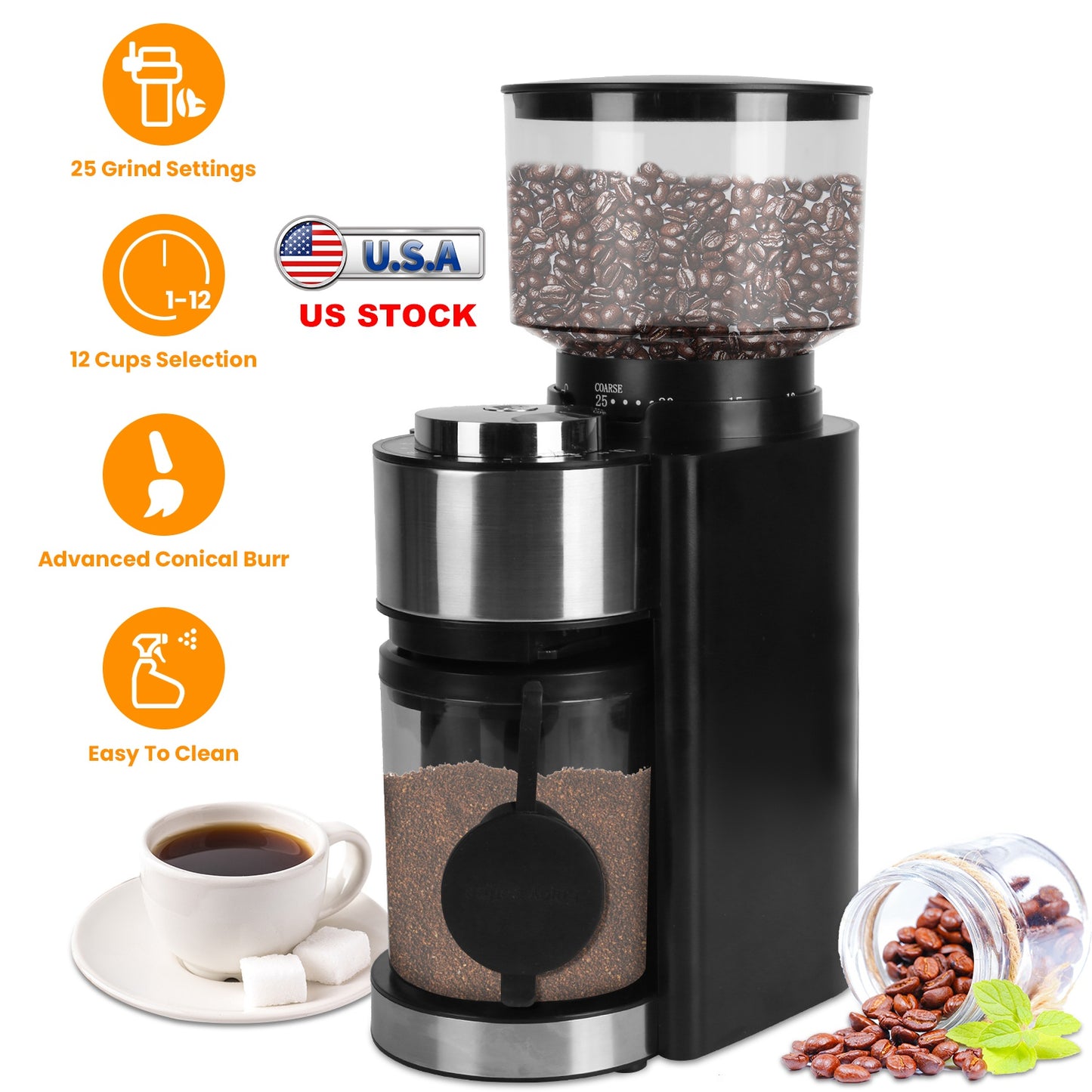 Electric Burr Coffee Grinder with 25 Grind Settings