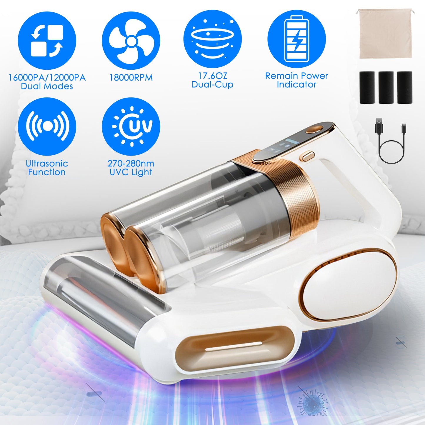 Mattress Vacuum Cleaner with UV Light & 16KPA Suction