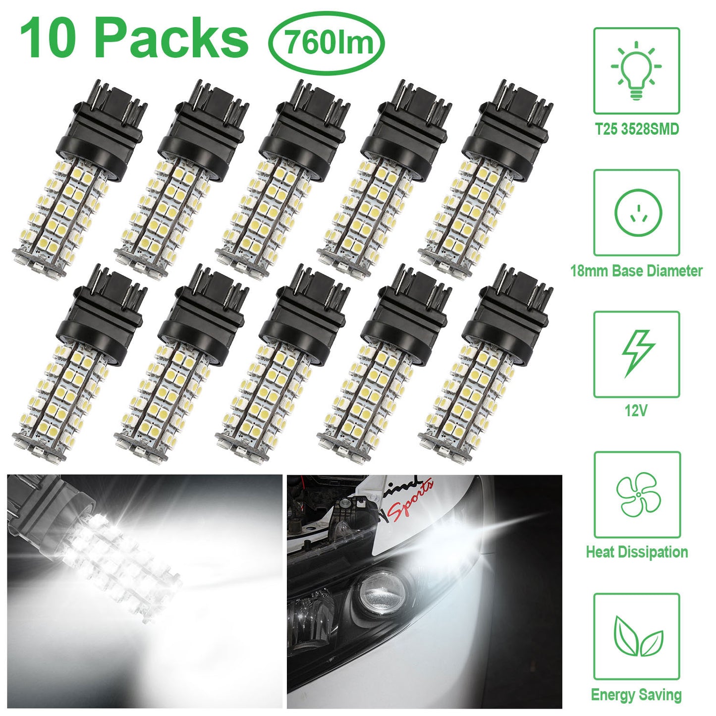 LED Car Light Bulbs 10-Pack 6000K White T25 3528SMD 760lm
