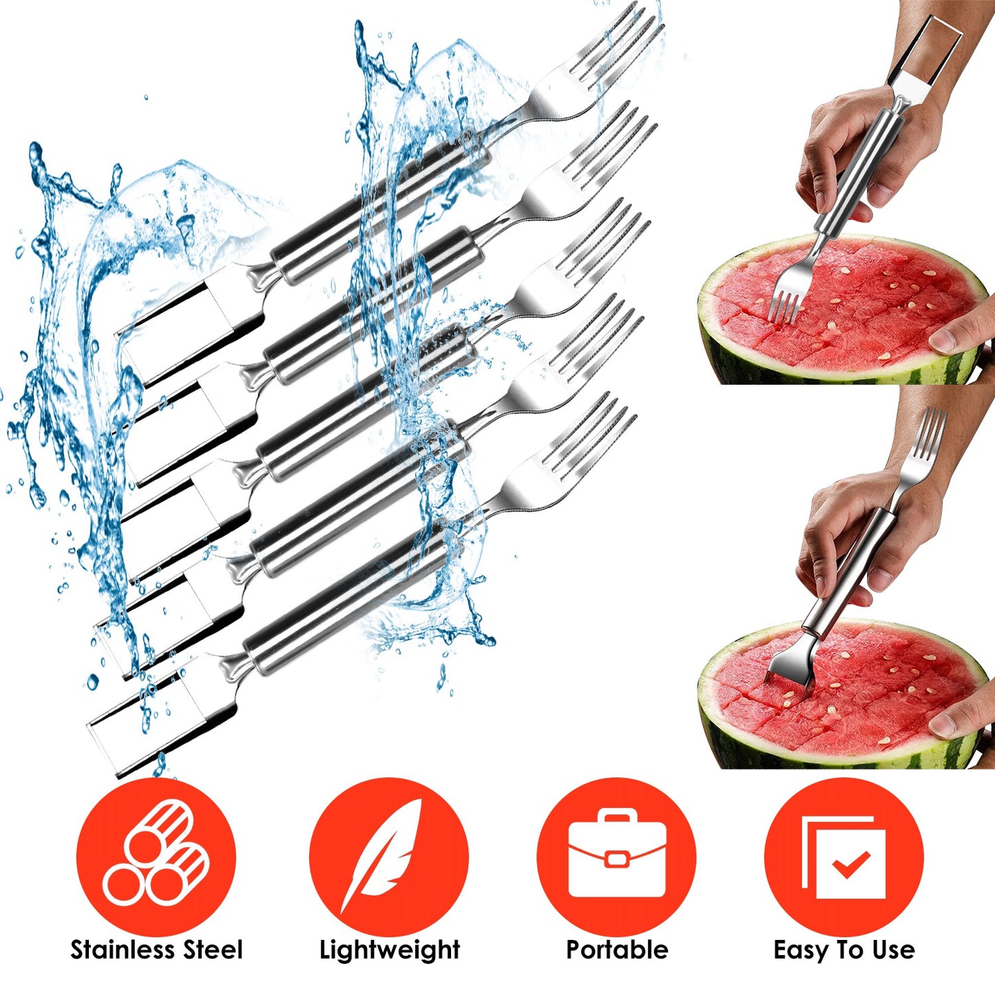 2-in-1 Watermelon Slicer Fork Set - Stainless Steel (5 Pack)