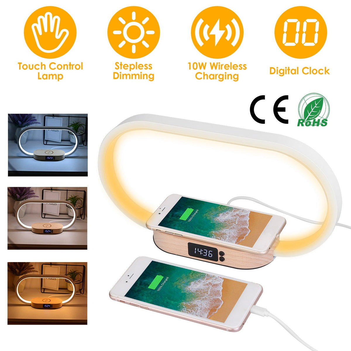 Bedside Table Lamp Touch Control Lamp with Clock Wireless Charging LED Desk Lamp Dimmable Nightstand Reading Lamp