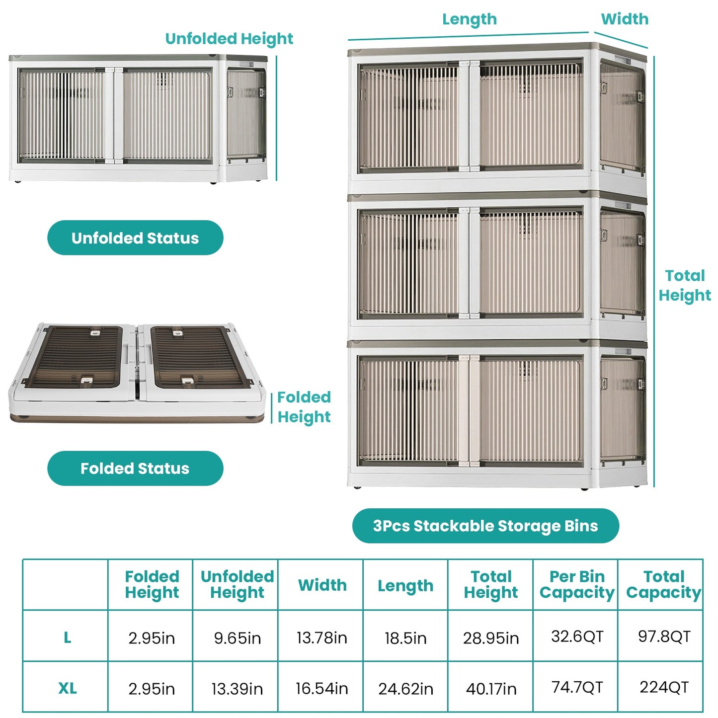 Foldable Storage Bins with Lids & Wheels - 3 Pack Stackable