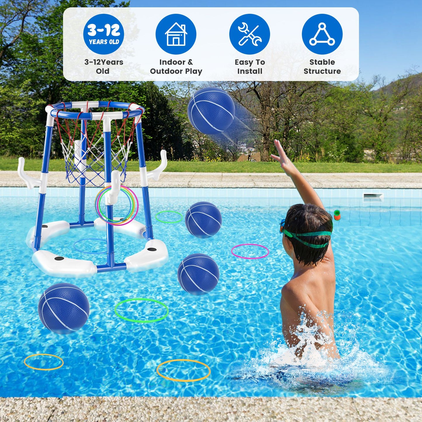 Pool Basketball Hoop Set with 4 Balls & Pump for Kids