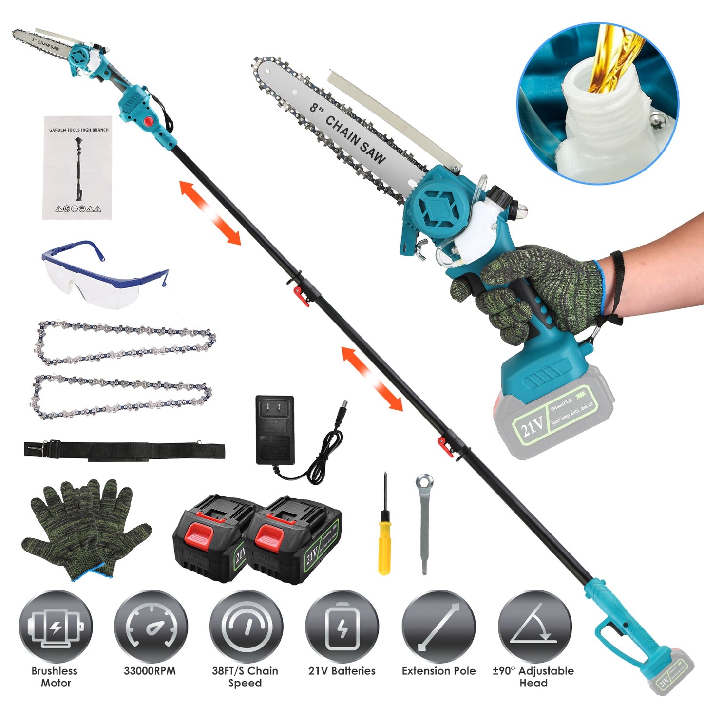 Cordless Pole Saw 21V with Extension Pole and Mini Chainsaw