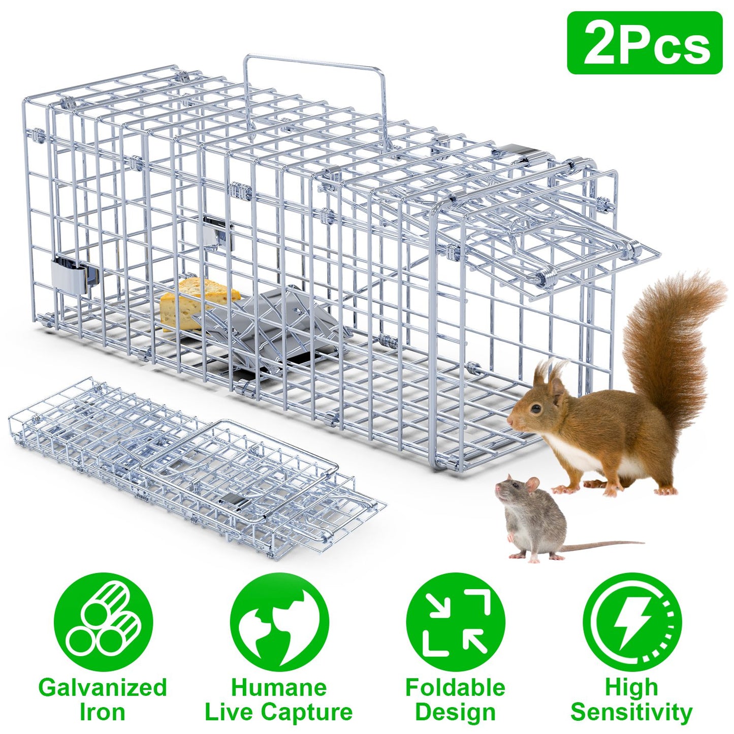 Foldable Humane Rat Trap Cage - 2 Pack Galvanized Steel