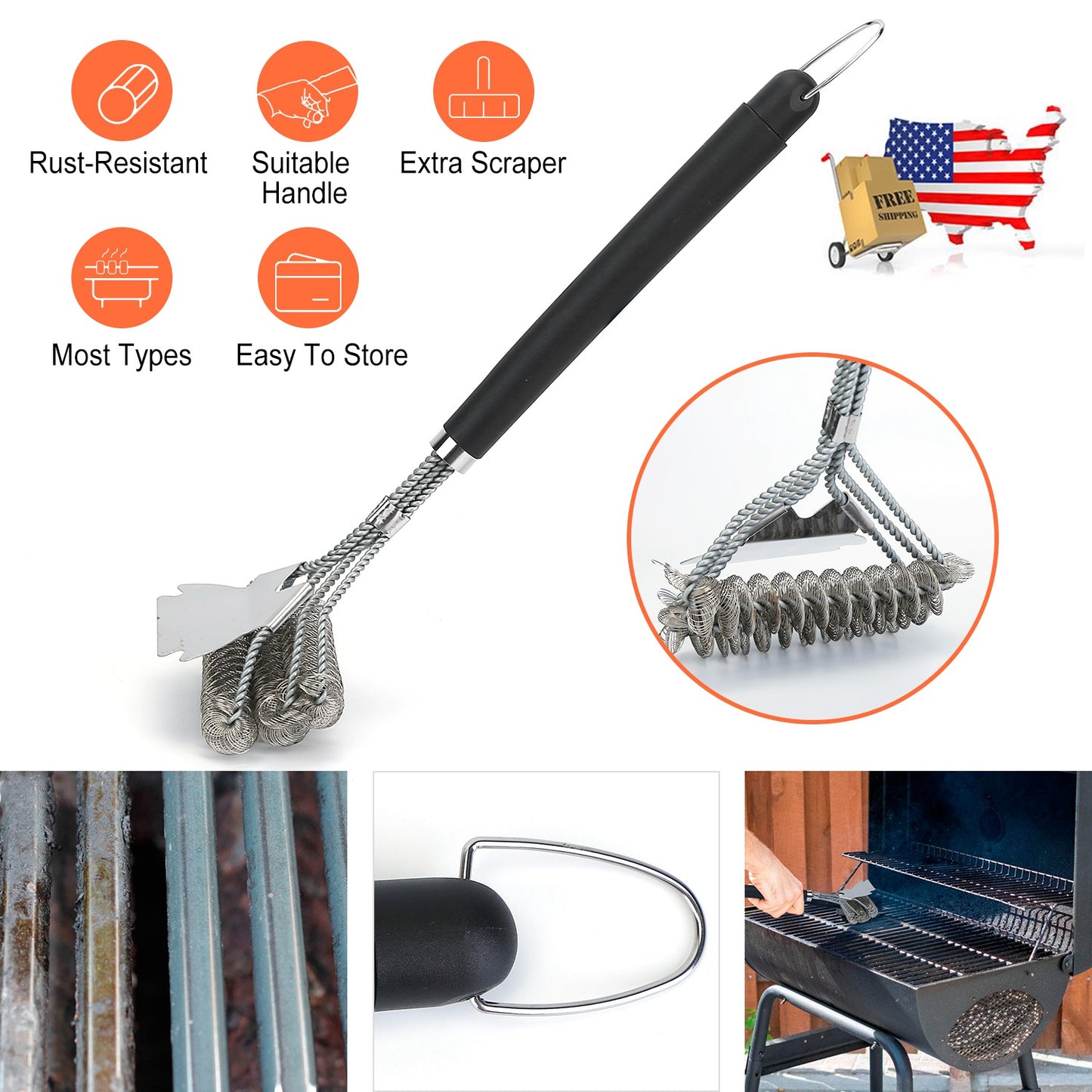 BBQ Grill Cleaning Brush with Scraper 16.5 Inch Handle