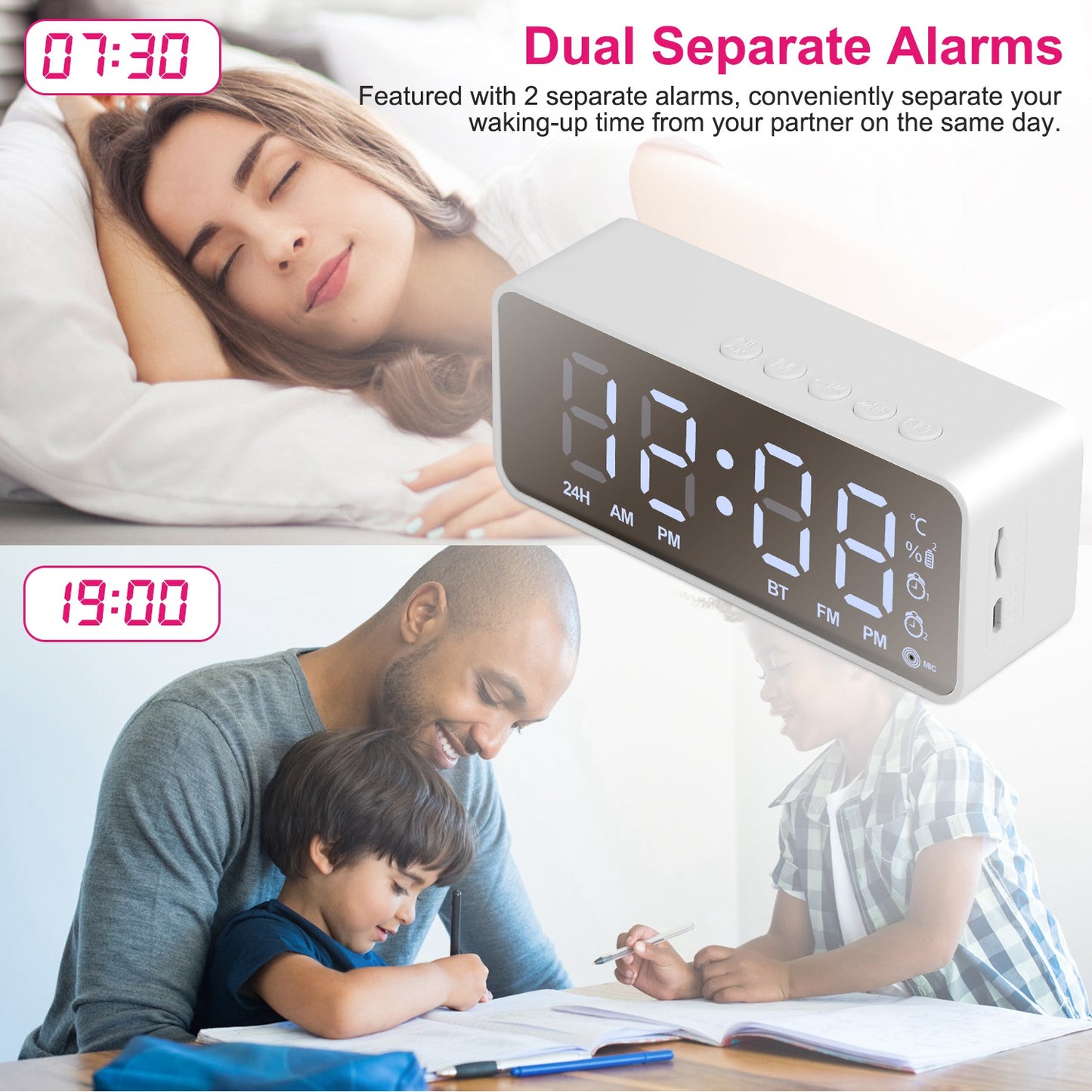 Mirror Digital Alarm Clock with Bluetooth Speaker & FM Radio