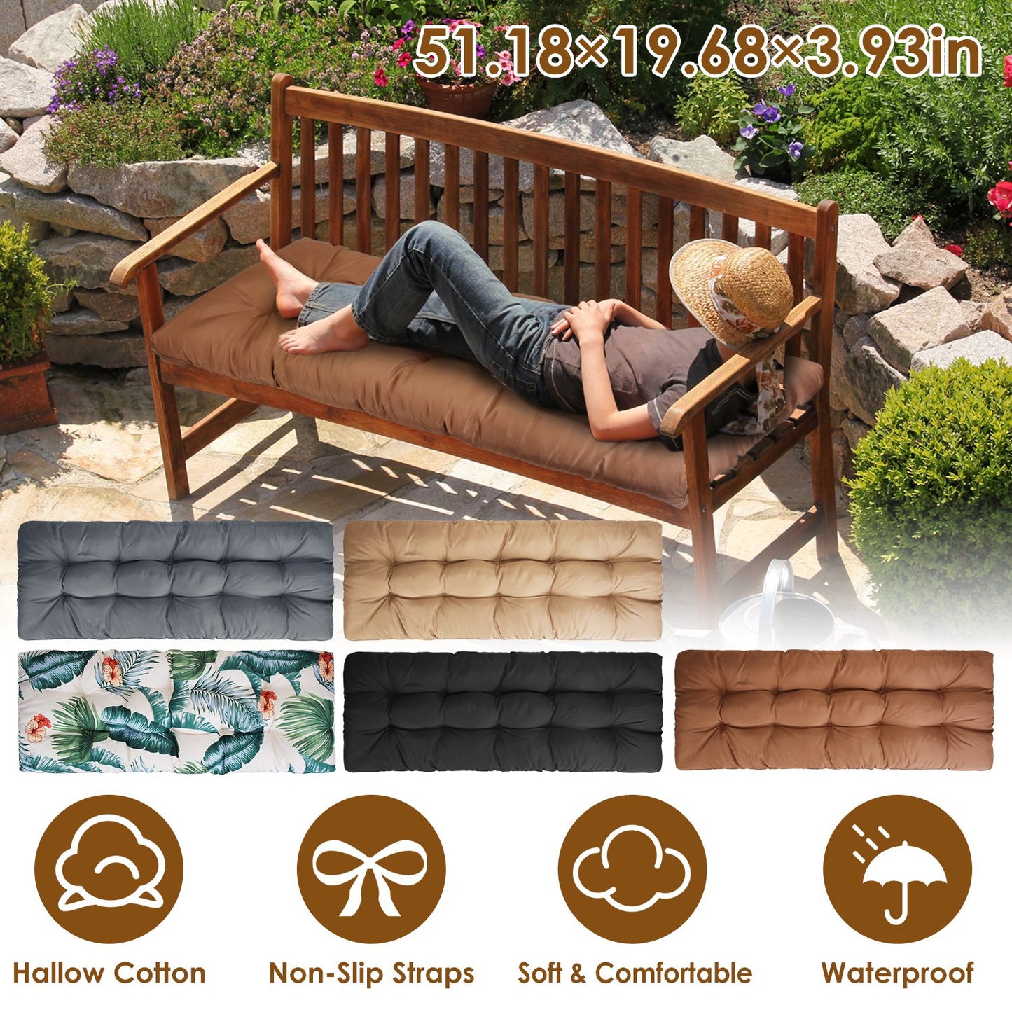 Bench Seat Cushion 51x20 Inch with Ties for Indoor Outdoor Use