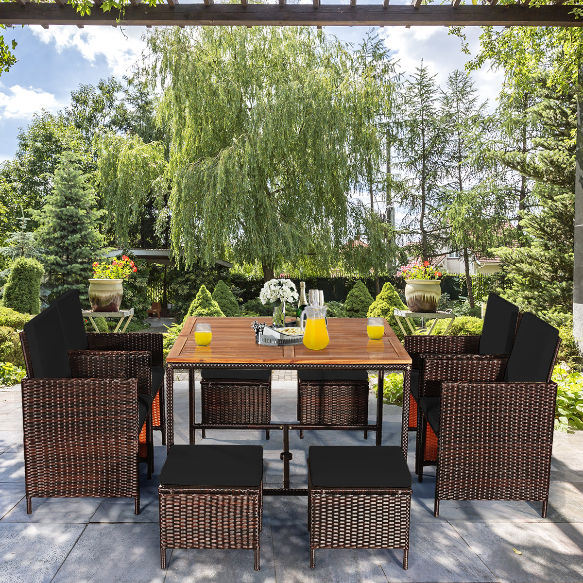 9-Piece Patio Rattan Dining Set with Cushioned Chairs