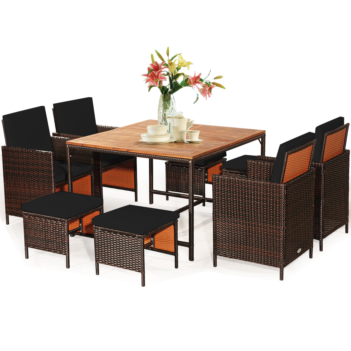 9-Piece Patio Rattan Dining Set with Cushioned Chairs