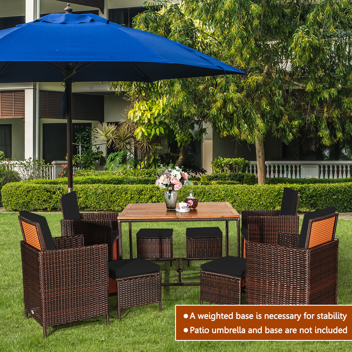 9-Piece Patio Rattan Dining Set with Cushioned Chairs