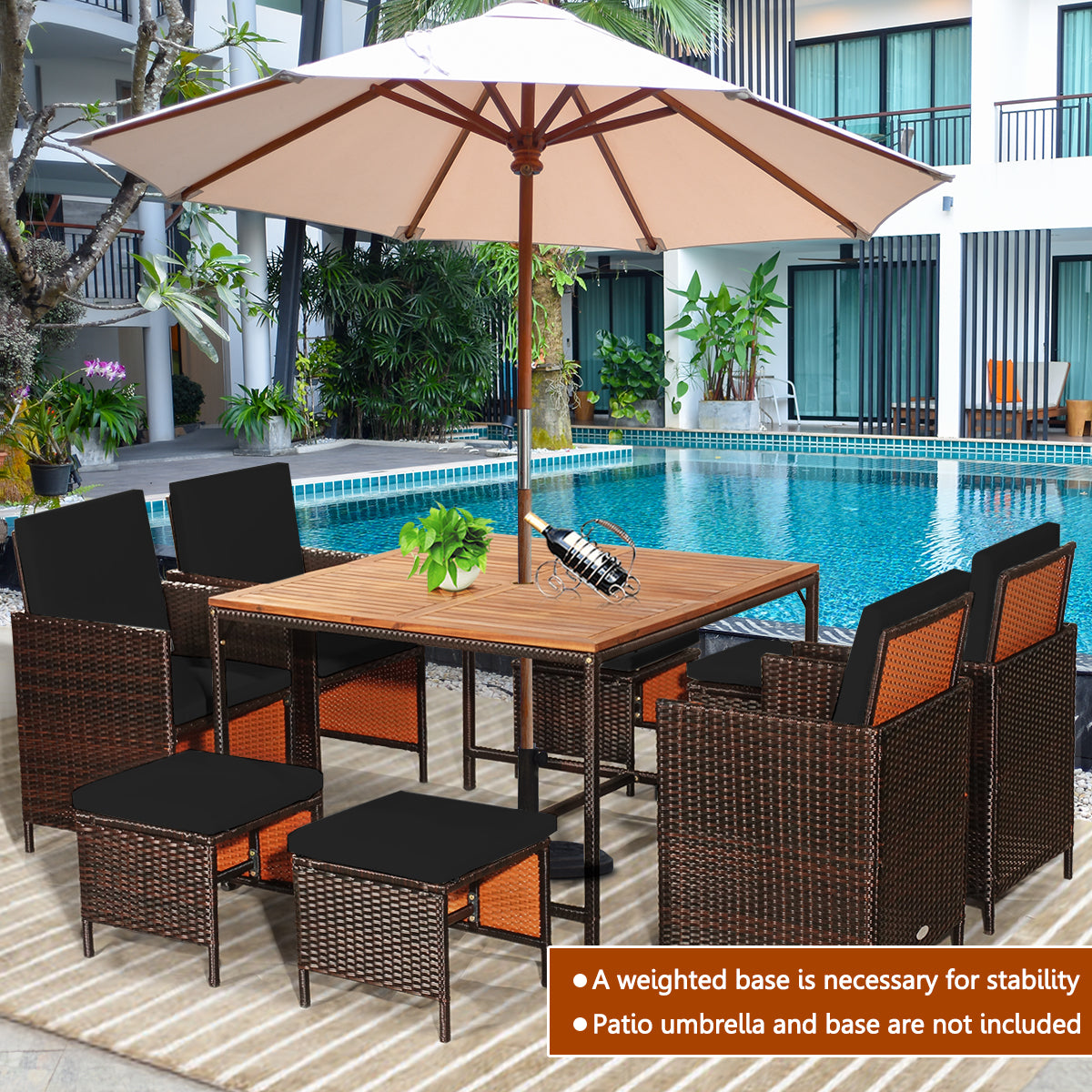 9-Piece Patio Rattan Dining Set with Cushioned Chairs