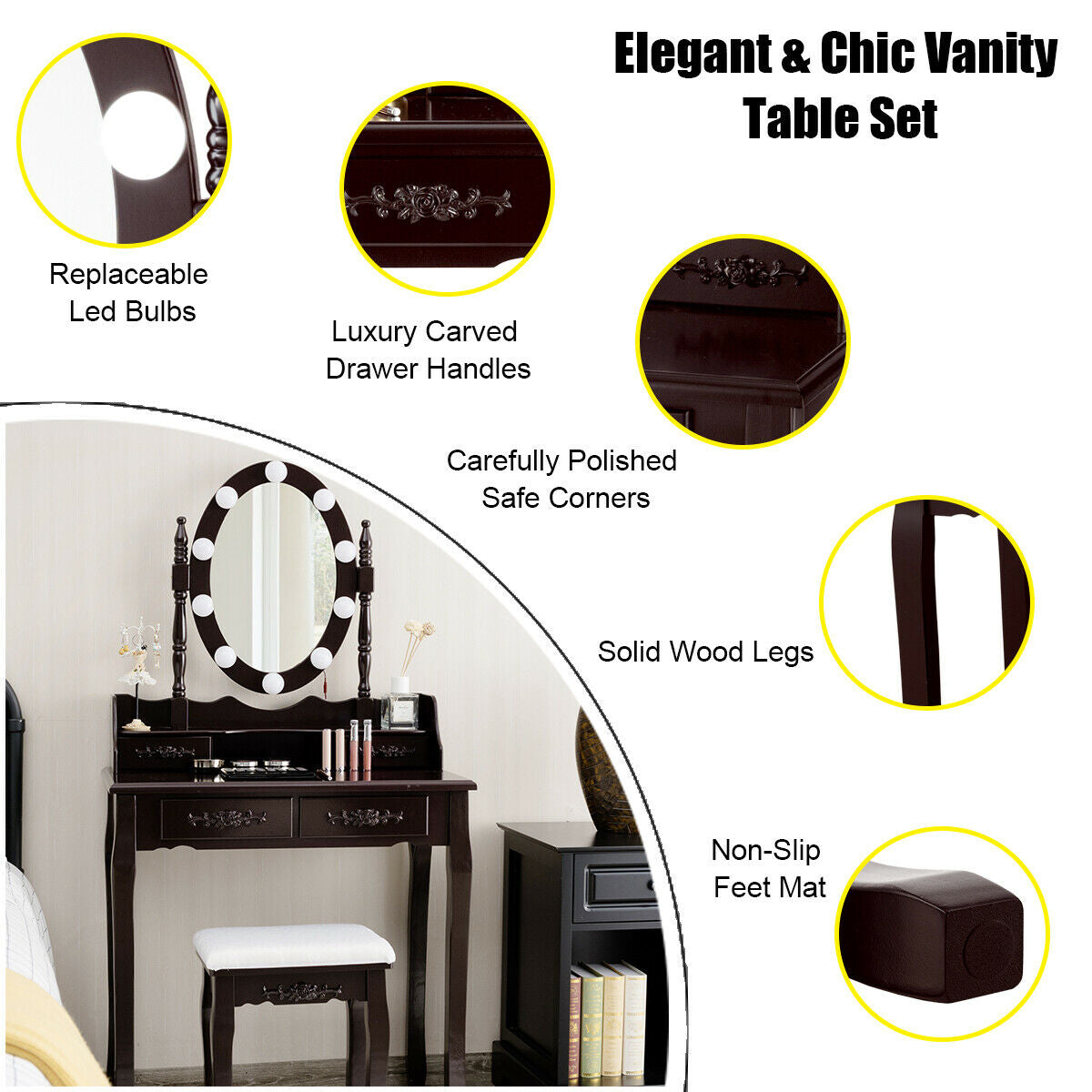 Makeup Vanity Table with Lighted Mirror and Cushioned Stool
