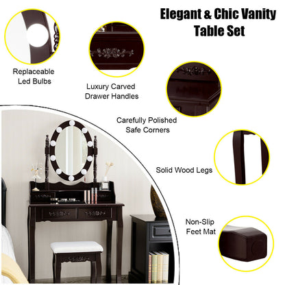 Makeup Vanity Table with Lighted Mirror and Cushioned Stool