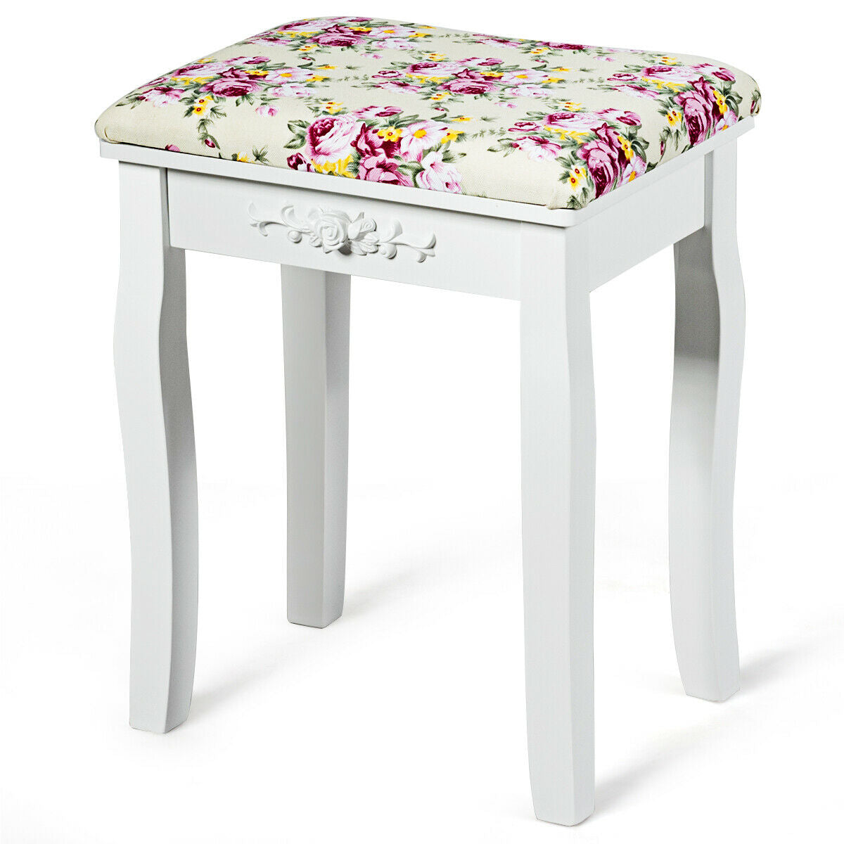 Padded Vanity Stool with Rose Cushion - White