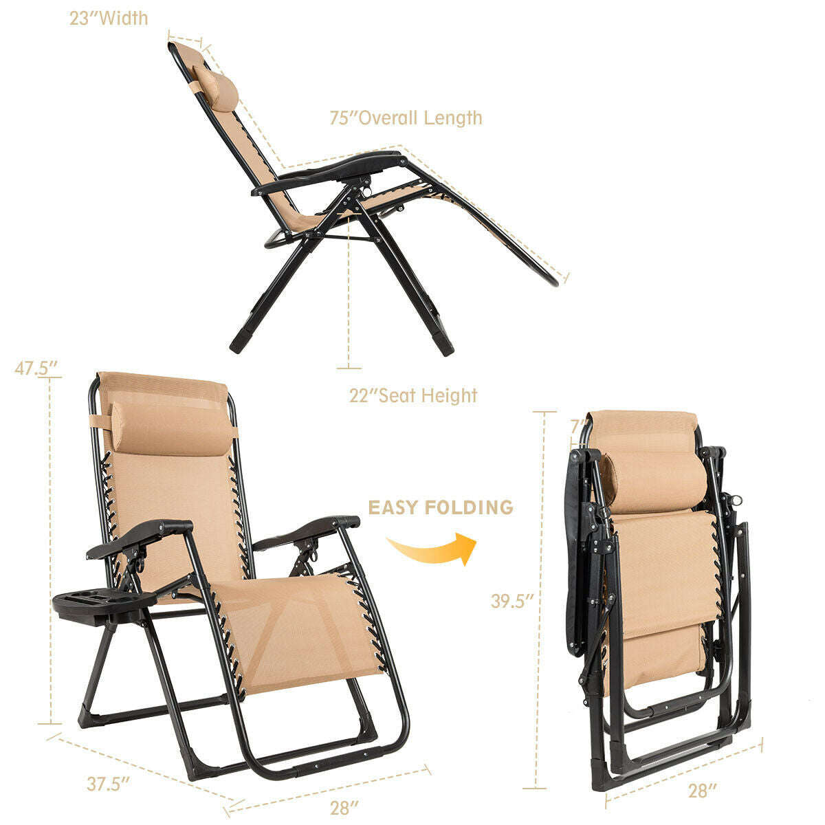 Oversized Zero Gravity Lounge Chair with Cup Holder - 500 lbs