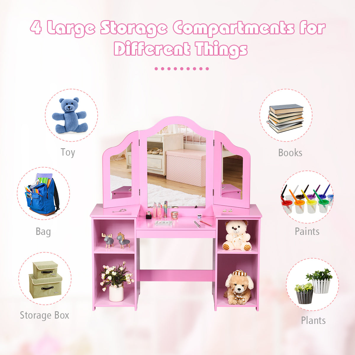 Kids Tri-Folding Mirror Vanity Table Set with Storage
