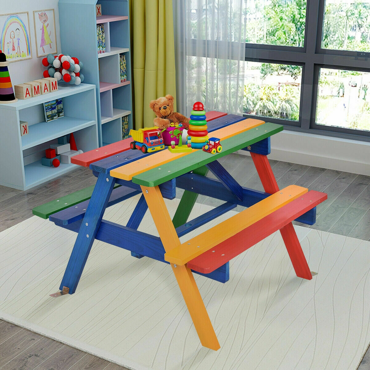 Kids Picnic Table with Umbrella - 4 Seat Outdoor Bench Set