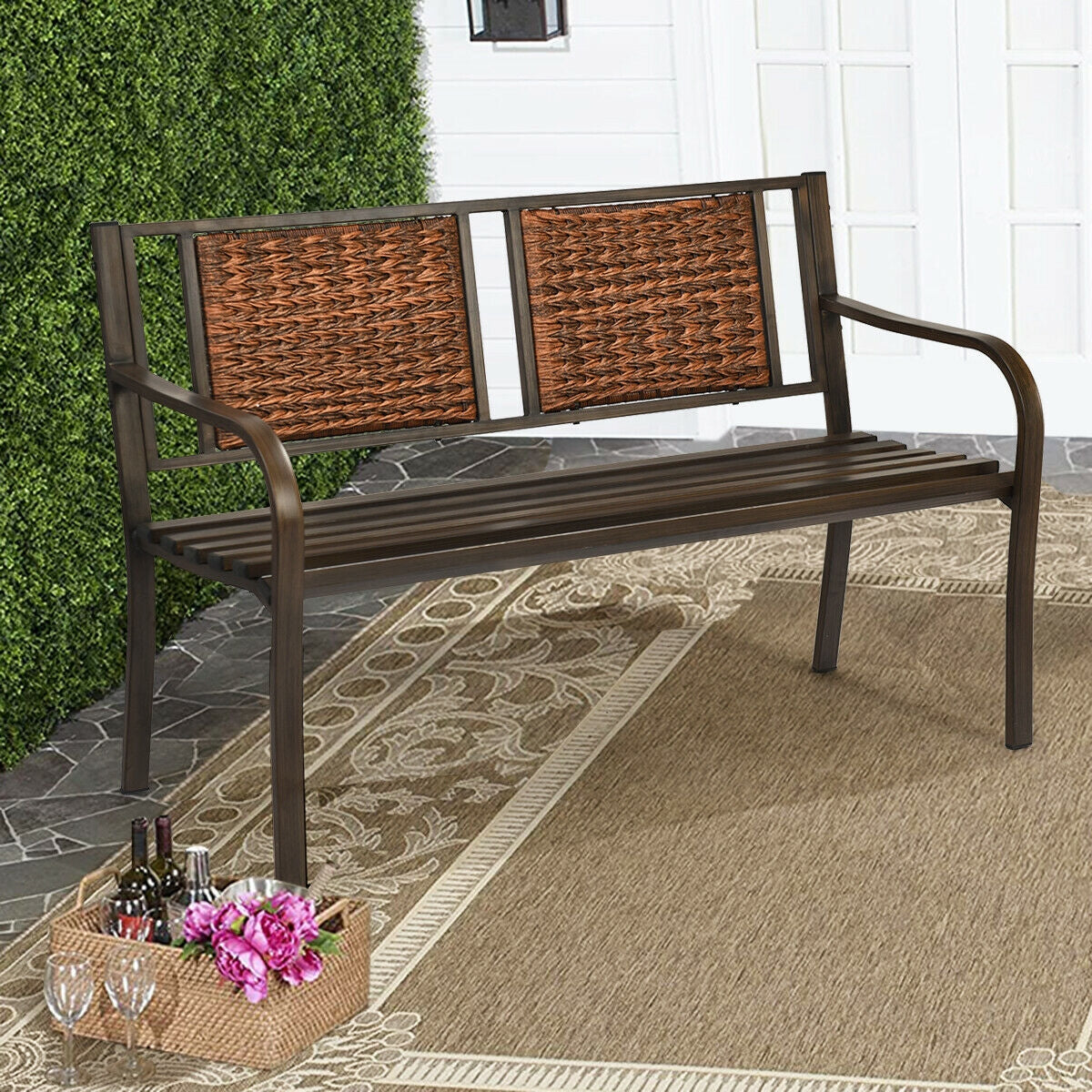 Outdoor Garden Bench with Steel Frame and PE Rattan - 500 lbs