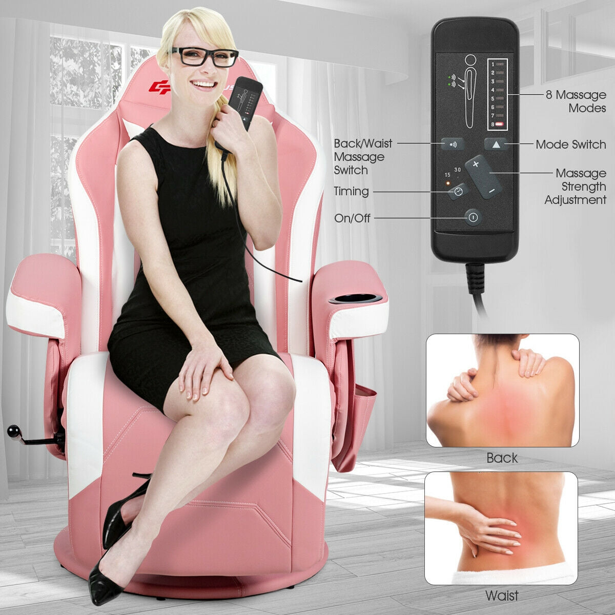 Massage Gaming Chair with Footrest and Lumbar Support - Pink