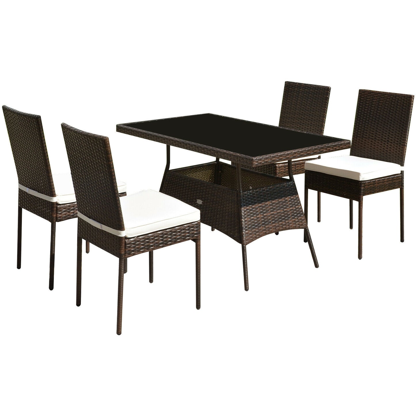 5-Piece Rattan Patio Dining Set with Glass Table & Cushions