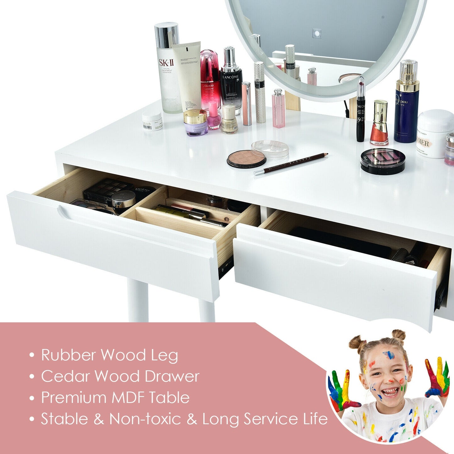 Vanity Makeup Table with Lighted Mirror and Stool Set
