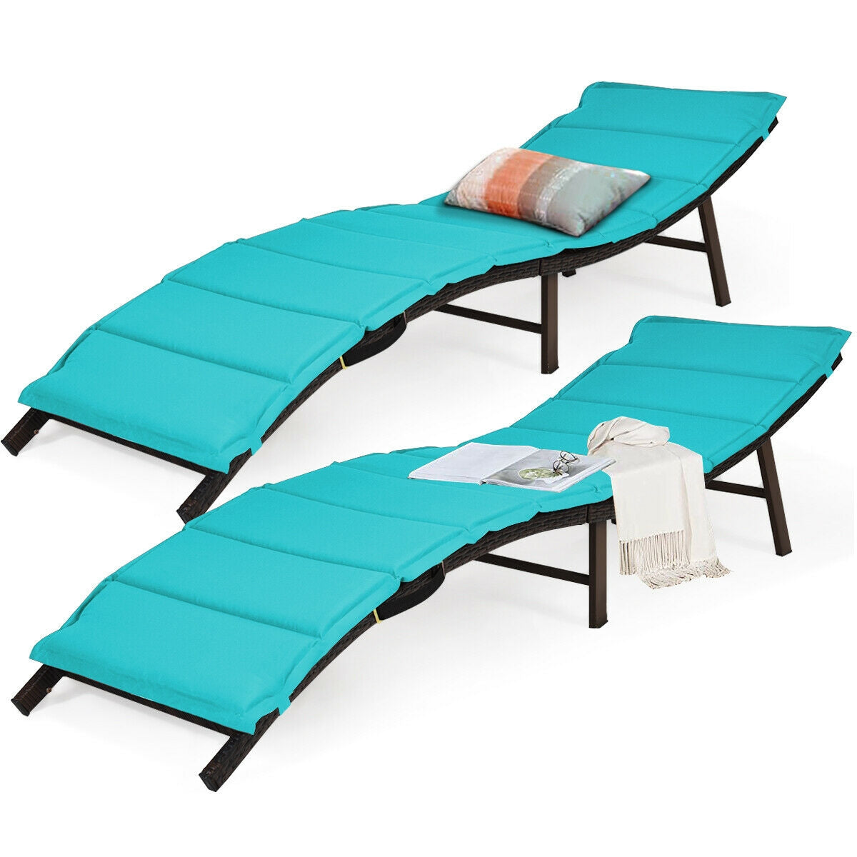 Folding Patio Chaise Lounge Chair Set of 2 with Cushions