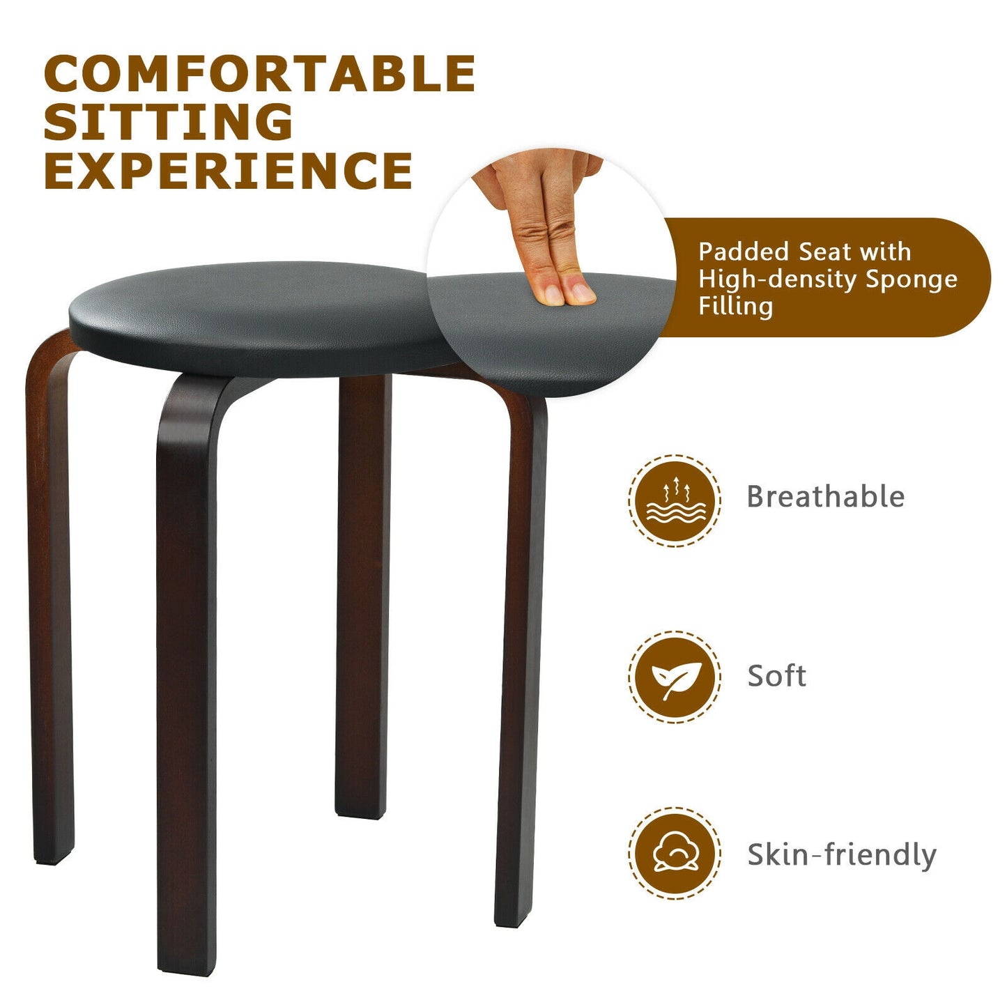 Stackable Bentwood Dining Stools with Padded Seat, Set of 4