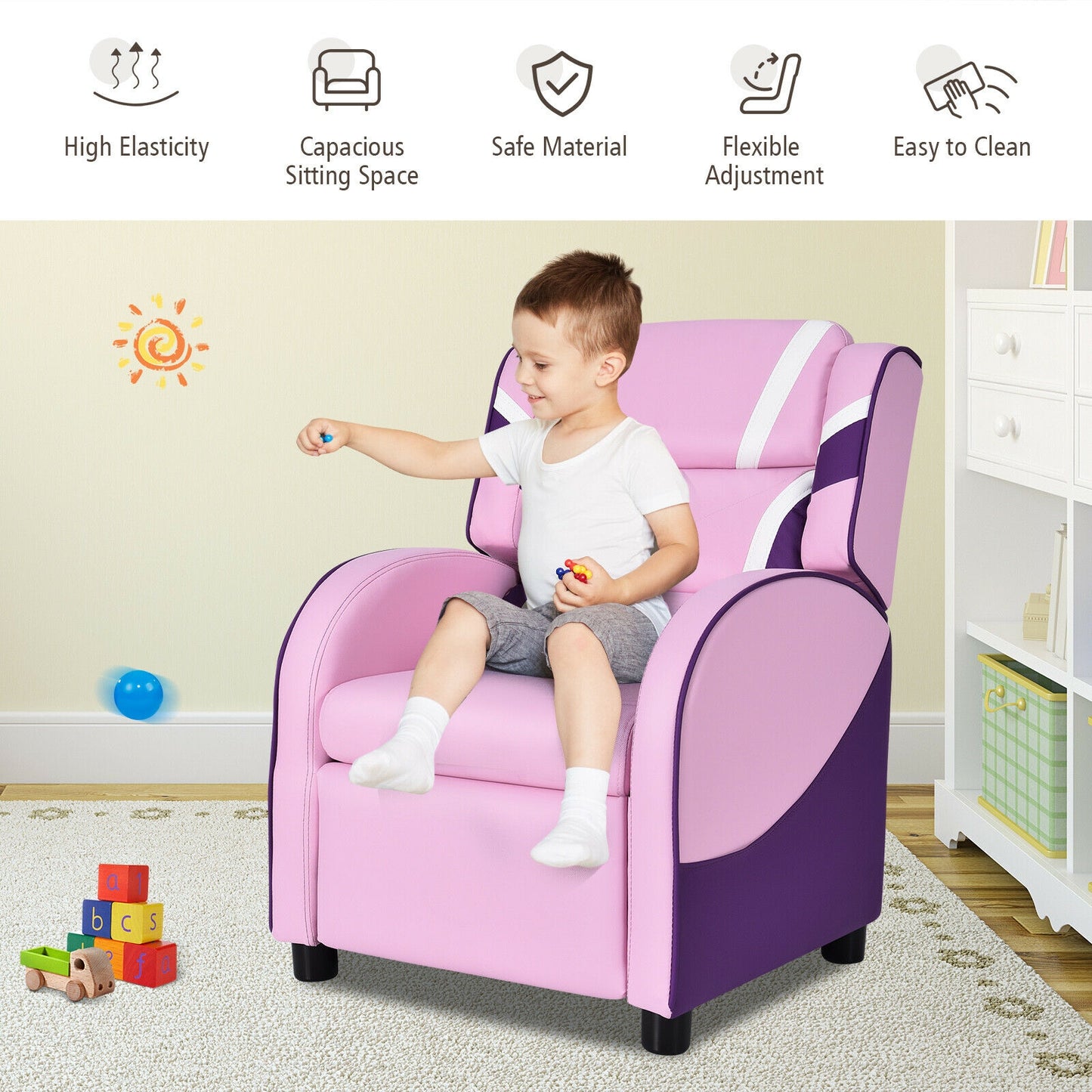 Kids Recliner Chair with Side Pockets - Adjustable Leather