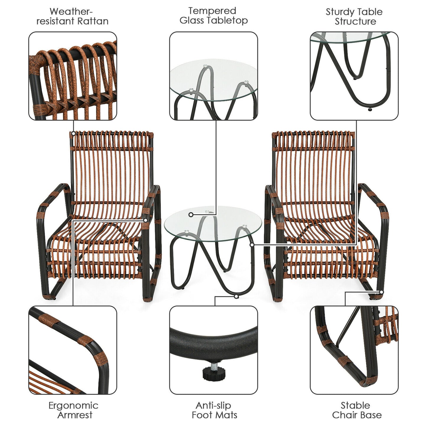 3-Piece Patio Conversation Set with Wicker Chairs & Glass Table