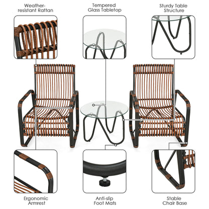 3-Piece Patio Conversation Set with Wicker Chairs & Glass Table