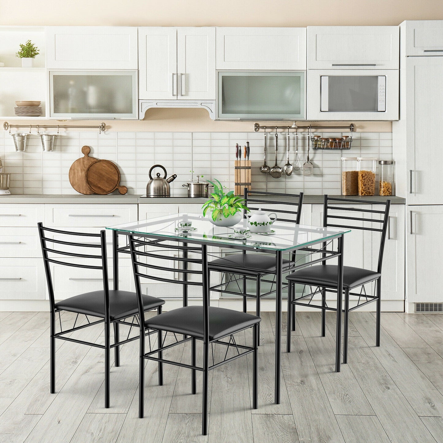 5-Piece Dining Set with Tempered Glass Table and Upholstered Chairs