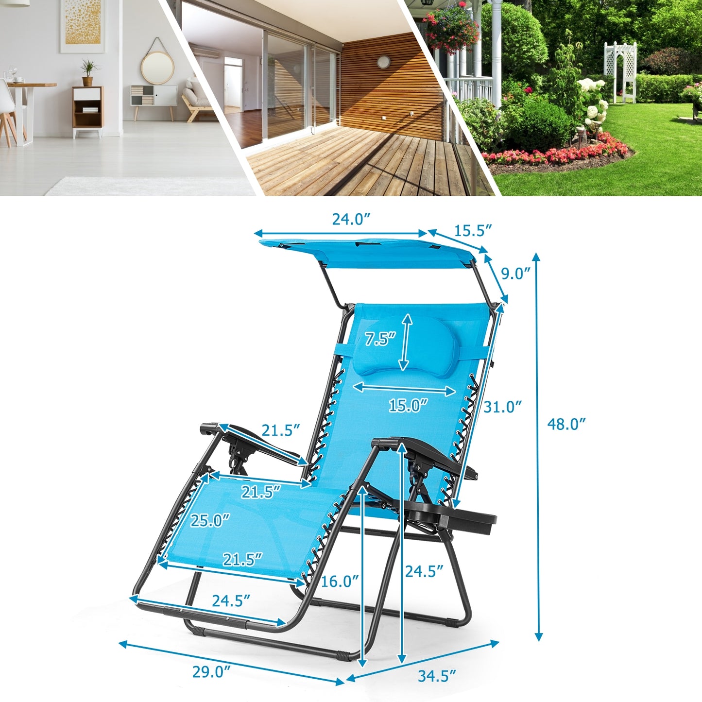 Folding Recliner Lounge Chair with Adjustable Canopy