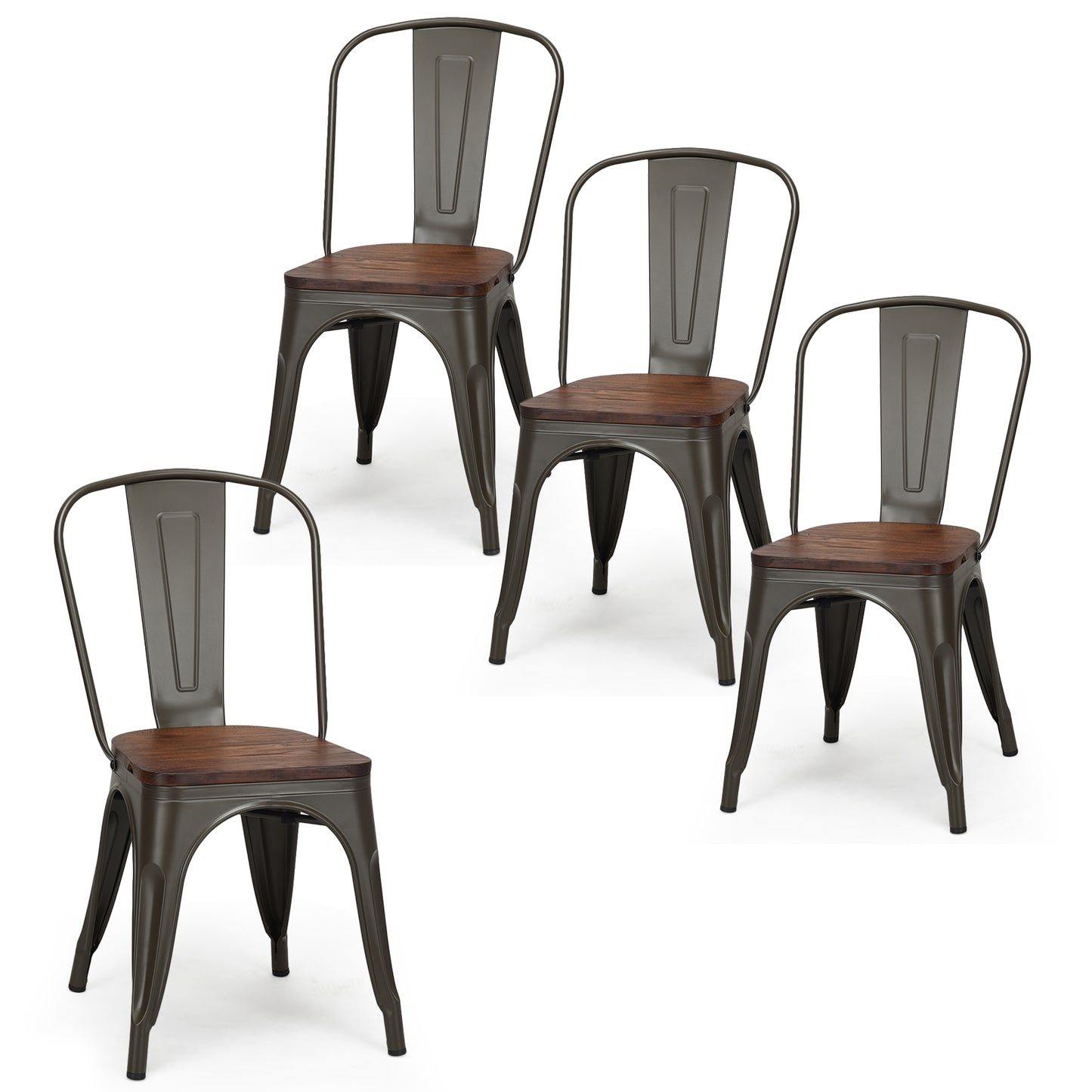Stackable Metal Dining Chairs with Wood Seat, Set of 4