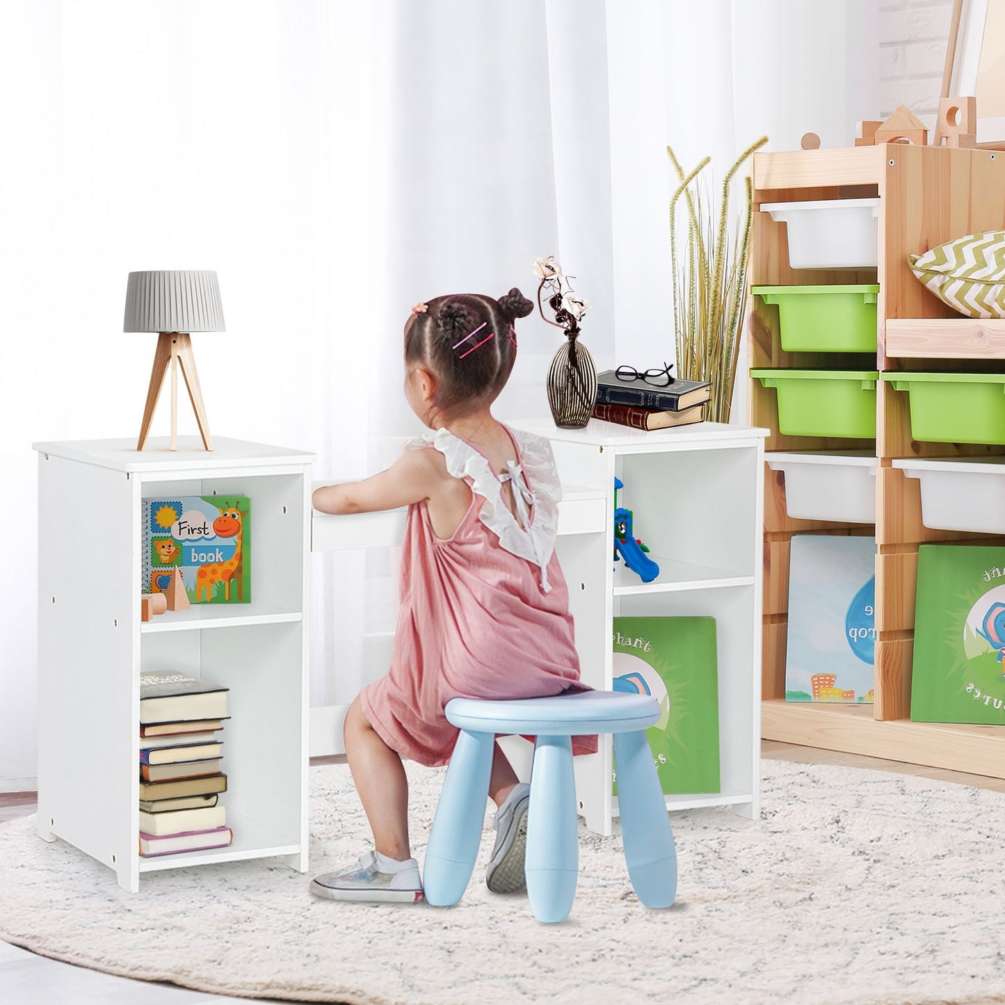 Kids Tri-Folding Mirror Vanity Table Set with Storage