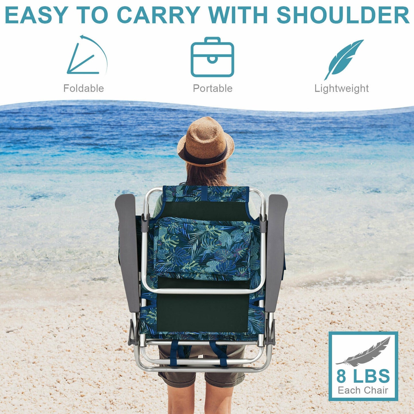 Folding Beach Chair 2-Pack with 5-Position Backrest & Pillow